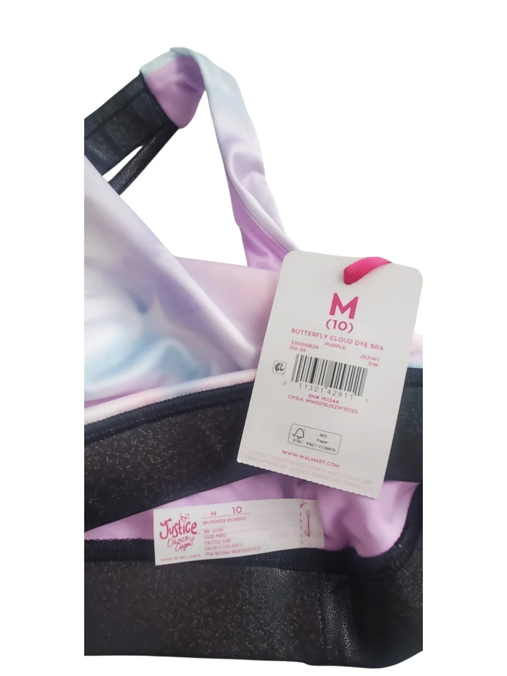 Justice Pastel Tie-Dye Sports Bra with Black Band and Crisscross Straps